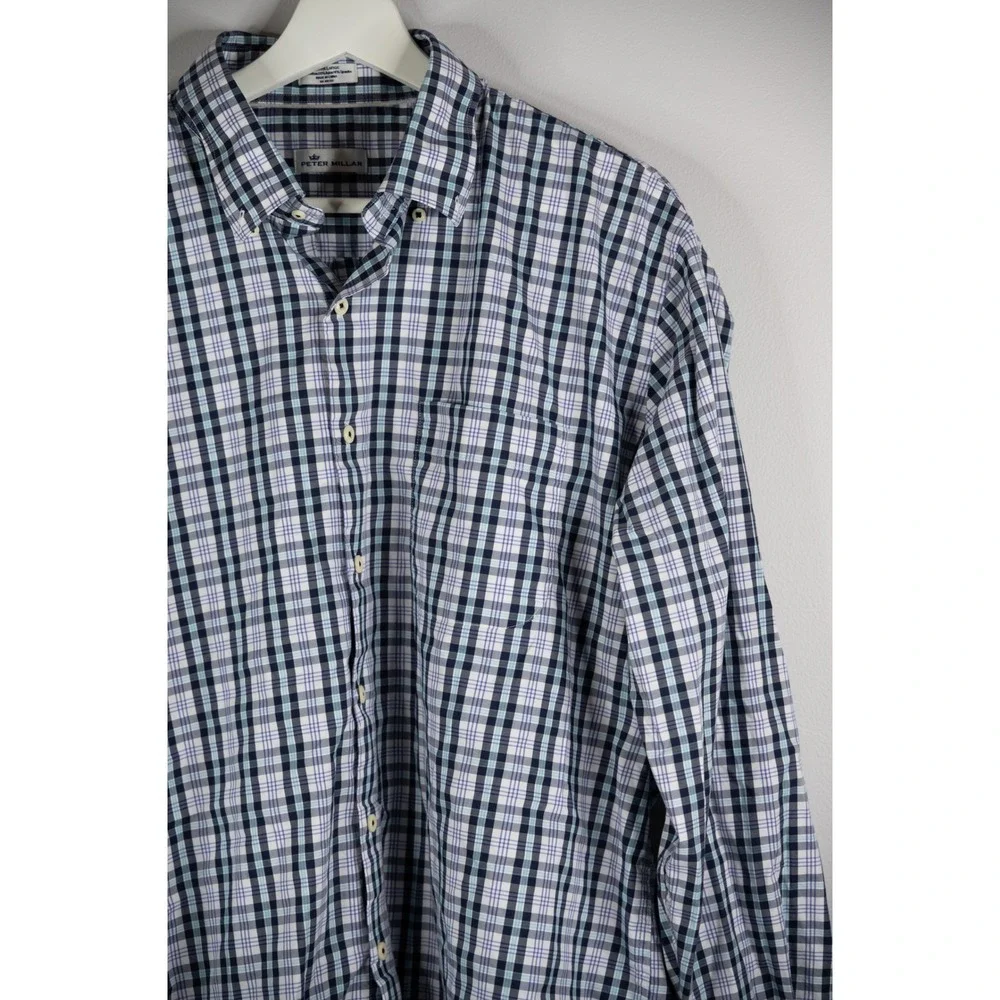 Peter Millar Button Down Mens XL Blue Plaid Excellent Stretch MF18W28NBL